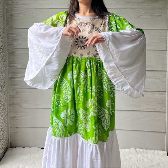Handmade Wide Sleeves Maxi Bandana Dress SKU 11091 Green White - Picture 9 of 16